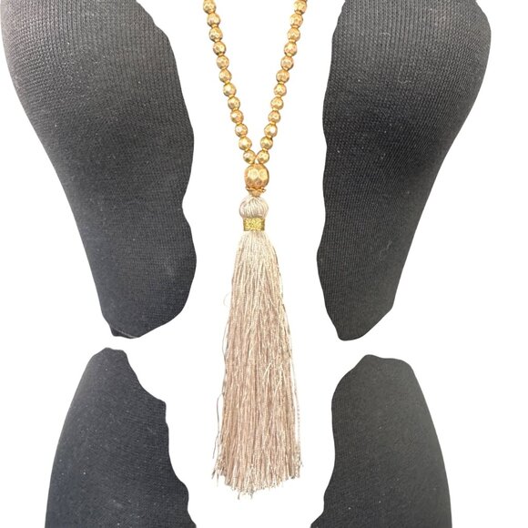 Taupe Colored Long Beaded Tassel Necklace Adjustable - Picture 2 of 5